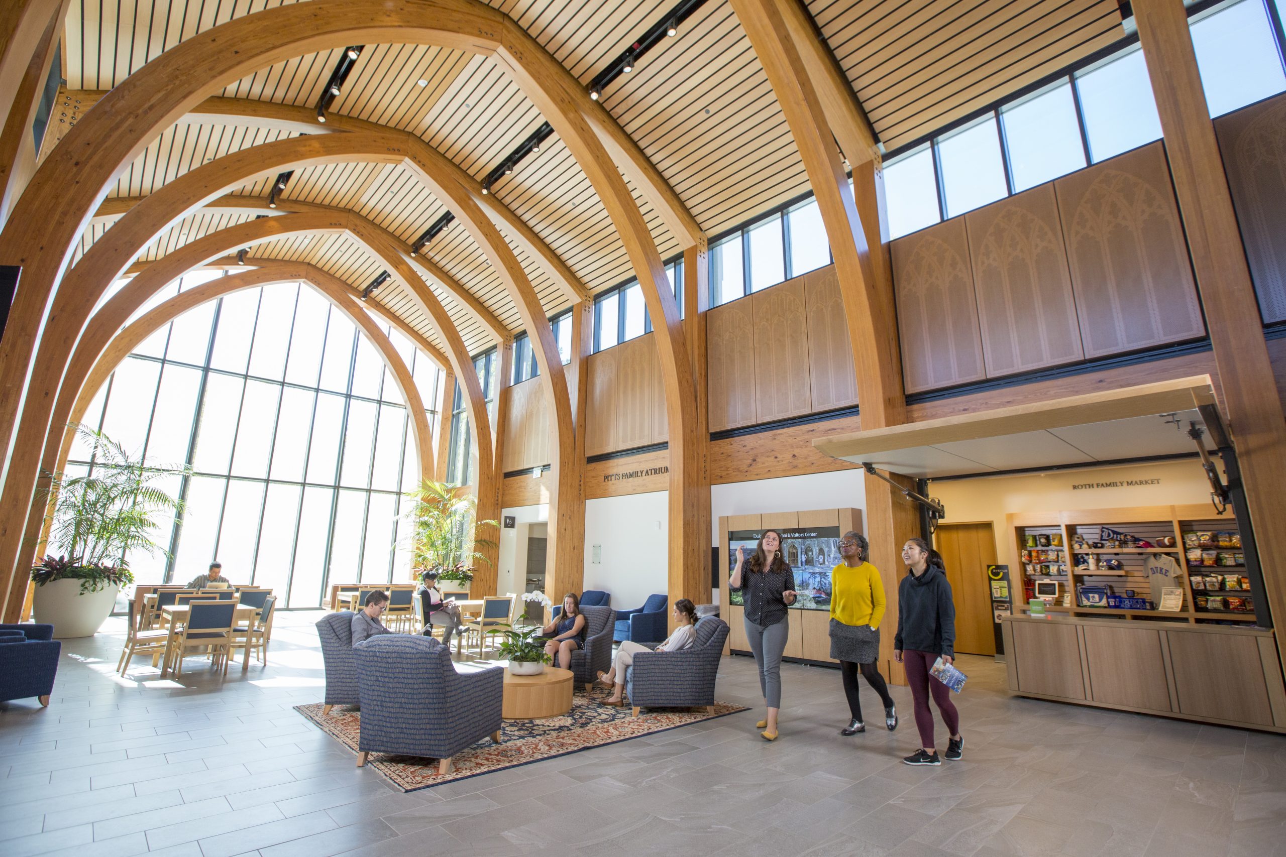 The Karsh Alumni and Visitors Center is Duke's new campus home and the atrium is its living room.